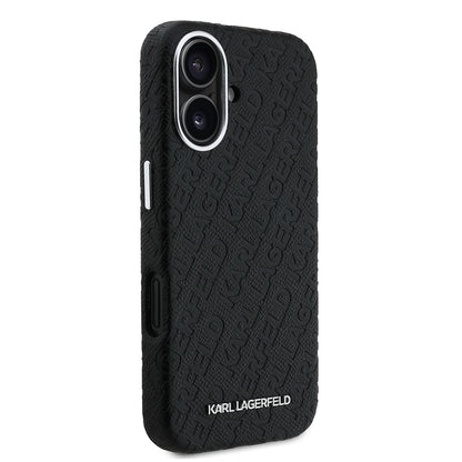 Apple iPhone 16 Kılıf Karl Lagerfeld Orjinal Lisanslı PU Deri Damgalı Metal Yazı Logolu Kapak Siyah