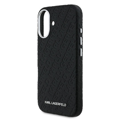 Apple iPhone 16 Kılıf Karl Lagerfeld Orjinal Lisanslı PU Deri Damgalı Metal Yazı Logolu Kapak Siyah