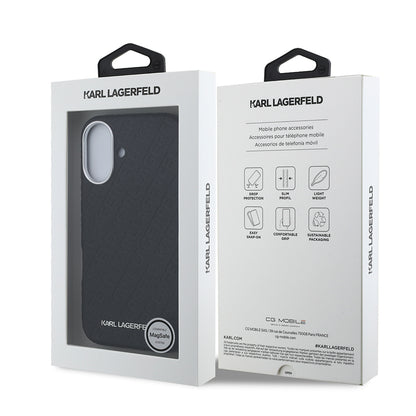 Apple iPhone 16 Kılıf Karl Lagerfeld Orjinal Lisanslı PU Deri Damgalı Metal Yazı Logolu Kapak Siyah