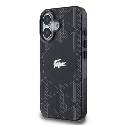 Apple iPhone 16 Kılıf Lacoste Orjinal Lisanslı M-safe Şarj Özellikli IML Baskılı Gümüş Timsah Logolu Monogram Kapak Siyah