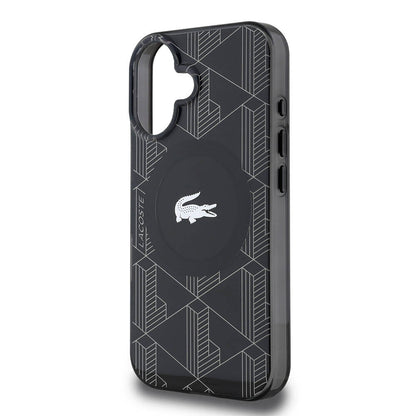 Apple iPhone 16 Kılıf Lacoste Orjinal Lisanslı M-safe Şarj Özellikli IML Baskılı Gümüş Timsah Logolu Monogram Kapak Siyah