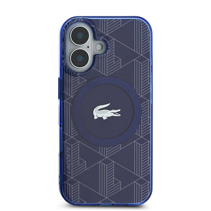 Apple iPhone 16 Kılıf Lacoste Orjinal Lisanslı M-safe Şarj Özellikli IML Baskılı Gümüş Timsah Logolu Monogram Kapak Lacivert