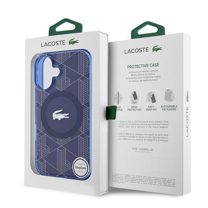 Apple iPhone 16 Kılıf Lacoste Orjinal Lisanslı M-safe Şarj Özellikli IML Baskılı Gümüş Timsah Logolu Monogram Kapak Siyah