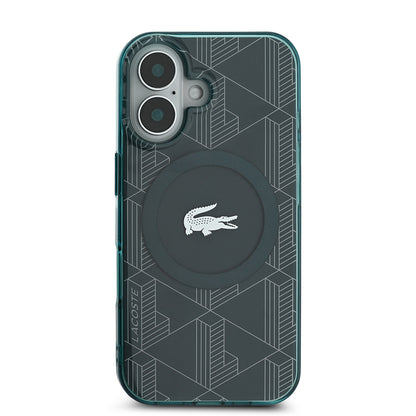 Apple iPhone 16 Kılıf Lacoste Orjinal Lisanslı M-safe Şarj Özellikli IML Baskılı Gümüş Timsah Logolu Monogram Kapak Siyah