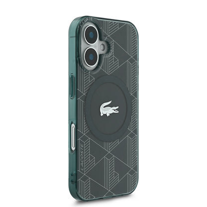 Apple iPhone 16 Kılıf Lacoste Orjinal Lisanslı M-safe Şarj Özellikli IML Baskılı Gümüş Timsah Logolu Monogram Kapak Lacivert