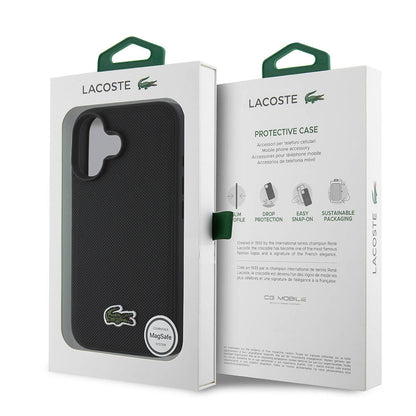 Apple iPhone 16 Kılıf Lacoste Orjinal Lisanslı PU Pike Desenli Arka Yüzey İkonik Timsah Dokuma Logolu Kapak Siyah