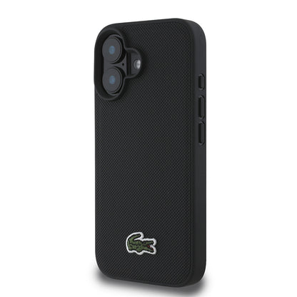 Apple iPhone 16 Kılıf Lacoste Orjinal Lisanslı PU Pike Desenli Arka Yüzey İkonik Timsah Dokuma Logolu Kapak + Type-C Kablo 1.5m Siyah