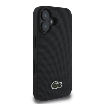Apple iPhone 16 Kılıf Lacoste Orjinal Lisanslı PU Pike Desenli Arka Yüzey İkonik Timsah Dokuma Logolu Kapak + Type-C Kablo 1.5m Siyah