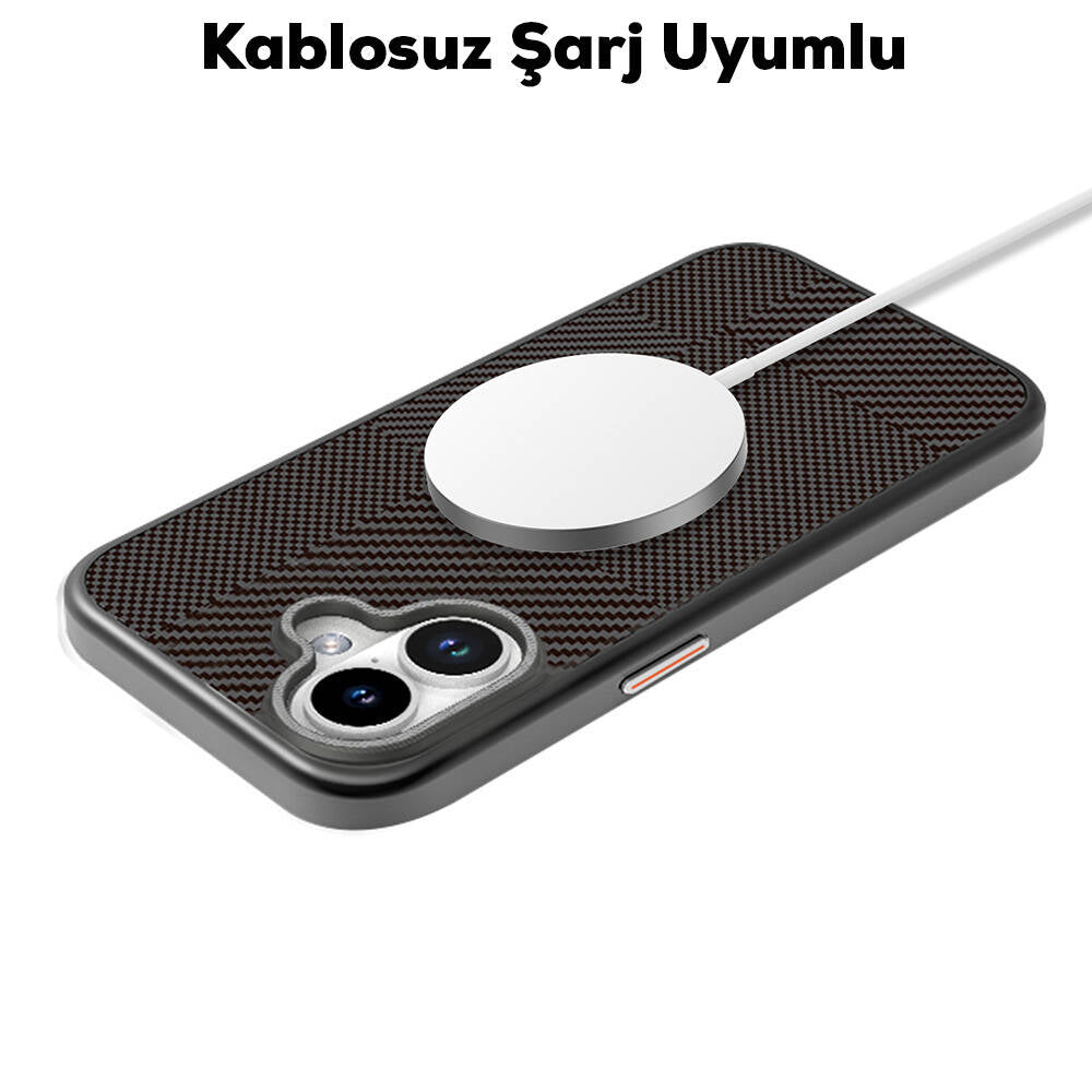 Apple iPhone 16 Kılıf M-safe Şarj Özellikli Karbon Fiber Desenli Mutural Montage Kapak Kahverengi