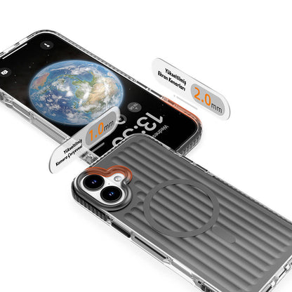 Apple iPhone 16 Kılıf M-safe Şarj Özellikli Oyuklu Tasarım Mutural Bumpy Clear Kapak Gri