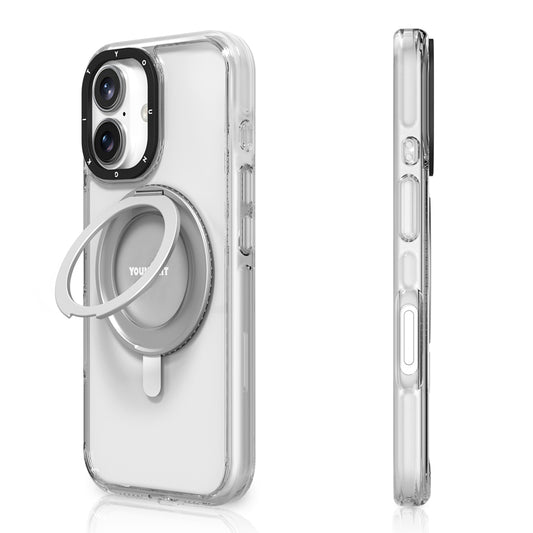Apple iPhone 16 Kılıf M-safe Şarj Özellikli Parmak Ring Standlı Youngkit Pivot Serisi Kapak Şeffaf