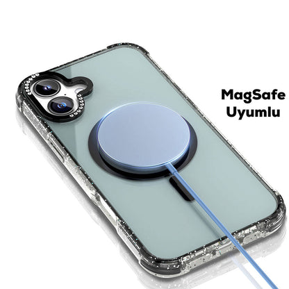 Apple iPhone 16 Kılıf M-safe Şarj Özellikli Taşlı ve Simli Tasarım Mutural Blink Kapak Mavi