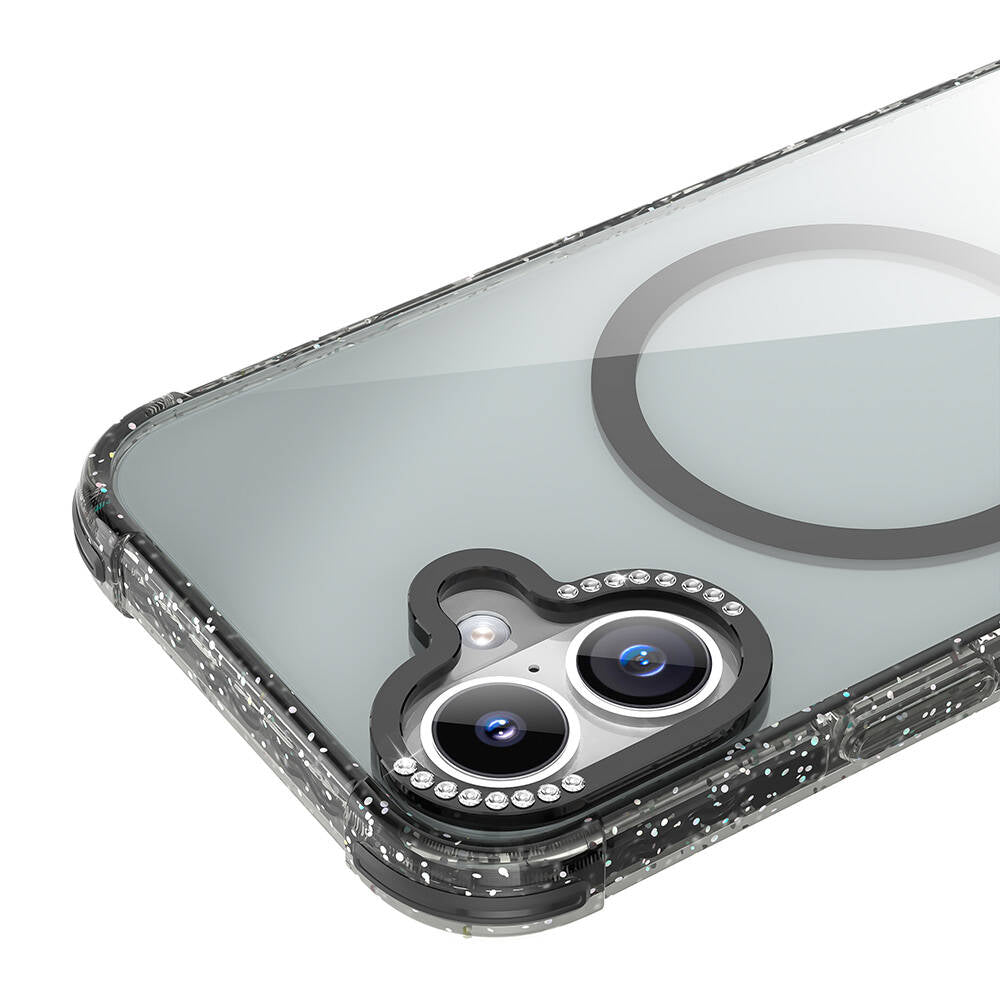 Apple iPhone 16 Kılıf M-safe Şarj Özellikli Taşlı ve Simli Tasarım Mutural Blink Kapak Mavi