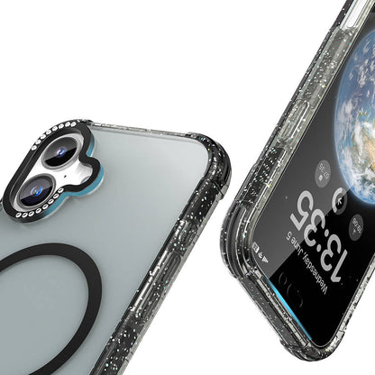 Apple iPhone 16 Kılıf M-safe Şarj Özellikli Taşlı ve Simli Tasarım Mutural Blink Kapak Mavi