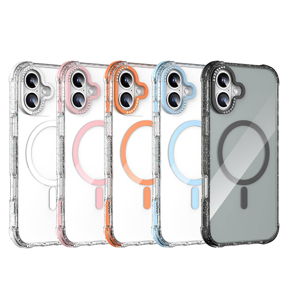 Apple iPhone 16 Kılıf M-safe Şarj Özellikli Taşlı ve Simli Tasarım Mutural Blink Kapak Mavi
