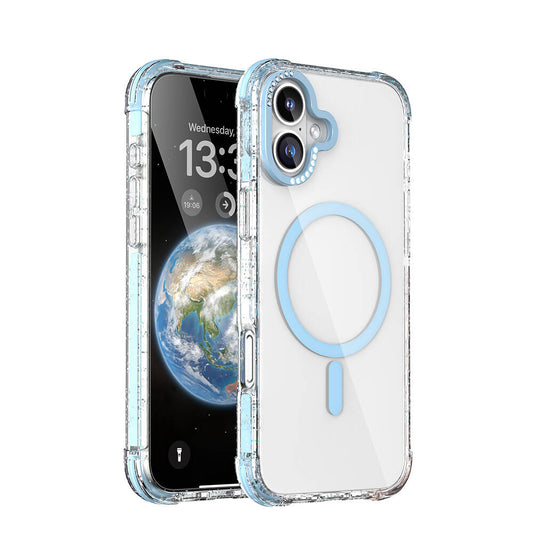 Apple iPhone 16 Kılıf M-safe Şarj Özellikli Taşlı ve Simli Tasarım Mutural Blink Kapak Mavi