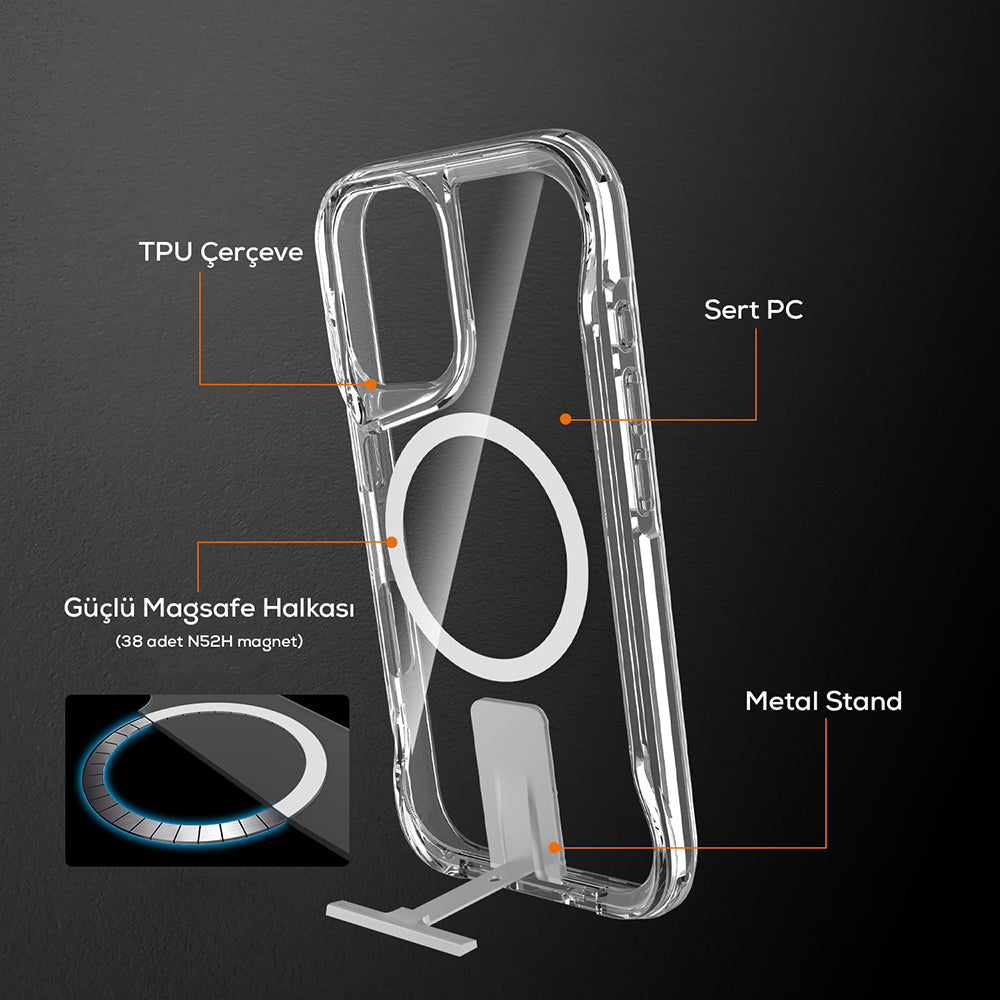 Apple iPhone 16 Case M-safe Charging Feature Zore T-Max Stand Cover Transparent