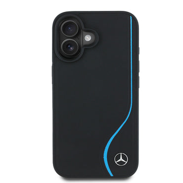 Apple iPhone 16 Kılıf Mercedes Benz Orjinal Lisanslı M-safe Şarj Özellikli 3D Metal Logolu Mavi Dikey Eğri Çizgili Deri Kapak Siyah