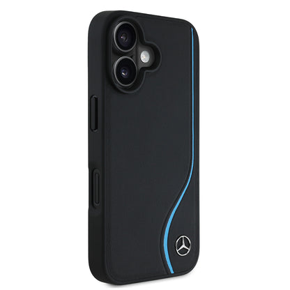 Apple iPhone 16 Kılıf Mercedes Benz Orjinal Lisanslı M-safe Şarj Özellikli 3D Metal Logolu Mavi Dikey Eğri Çizgili Deri Kapak Siyah