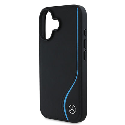 Apple iPhone 16 Kılıf Mercedes Benz Orjinal Lisanslı M-safe Şarj Özellikli 3D Metal Logolu Mavi Dikey Eğri Çizgili Deri Kapak Siyah