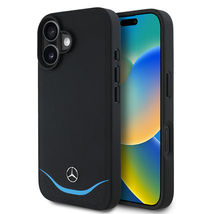 Apple iPhone 16 Kılıf Mercedes Benz Orjinal Lisanslı M-safe Şarj Özellikli 3D Metal Logolu Mavi Yatay Eğri Çizgili Deri Kapak Siyah