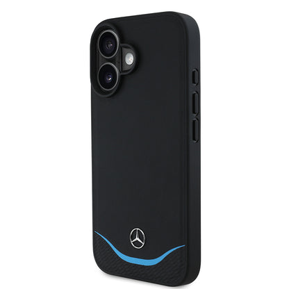 Apple iPhone 16 Kılıf Mercedes Benz Orjinal Lisanslı M-safe Şarj Özellikli 3D Metal Logolu Mavi Yatay Eğri Çizgili Deri Kapak Siyah