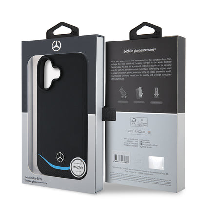 Apple iPhone 16 Kılıf Mercedes Benz Orjinal Lisanslı M-safe Şarj Özellikli 3D Metal Logolu Mavi Yatay Eğri Çizgili Deri Kapak Siyah