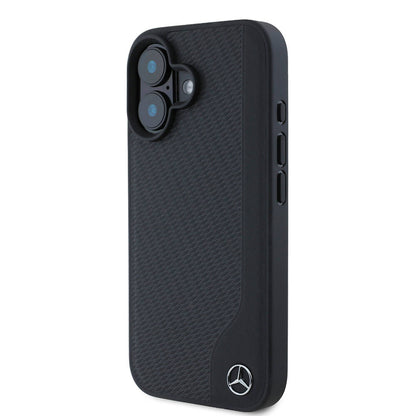 Apple iPhone 16 Kılıf Mercedes Benz Orjinal Lisanslı M-safe Şarj Özellikli 3D Metal Logolu Wood Imitation Deri Kapak Siyah