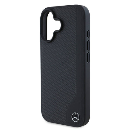 Apple iPhone 16 Kılıf Mercedes Benz Orjinal Lisanslı M-safe Şarj Özellikli 3D Metal Logolu Wood Imitation Deri Kapak Siyah