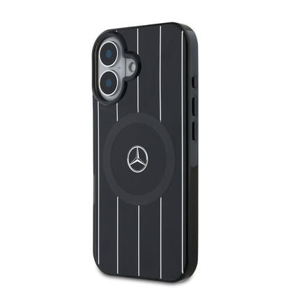 Apple iPhone 16 Kılıf Mercedes Benz Orjinal Lisanslı M-safe Şarj Özellikli Çift Katmanlı Paralel Çizgi Desenli Kapak Siyah
