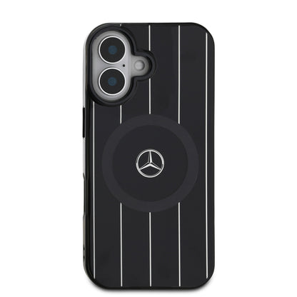 Apple iPhone 16 Kılıf Mercedes Benz Orjinal Lisanslı M-safe Şarj Özellikli Çift Katmanlı Paralel Çizgi Desenli Kapak Siyah