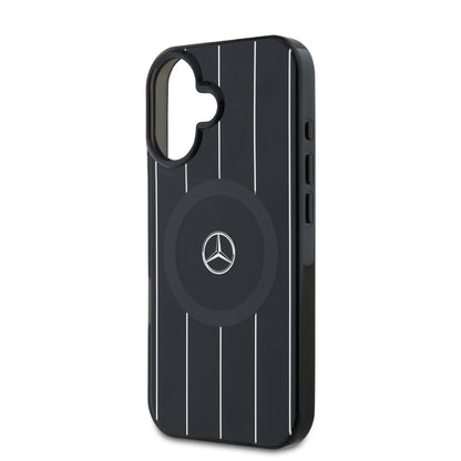 Apple iPhone 16 Kılıf Mercedes Benz Orjinal Lisanslı M-safe Şarj Özellikli Çift Katmanlı Paralel Çizgi Desenli Kapak Siyah