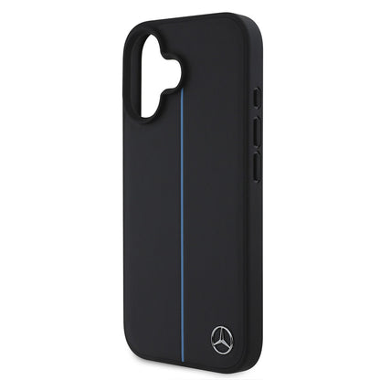 Apple iPhone 16 Kılıf Mercedes Benz Orjinal Lisanslı M-safe Şarj Özellikli Metal Yıldız Logolu Mavi Çizgili Deri Kapak Siyah