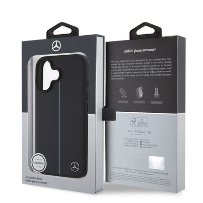 Apple iPhone 16 Kılıf Mercedes Benz Orjinal Lisanslı M-safe Şarj Özellikli Metal Yıldız Logolu Mavi Çizgili Deri Kapak Siyah