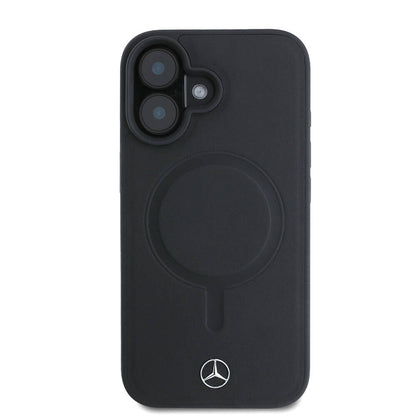 Apple iPhone 16 Kılıf Mercedes Benz Orjinal Lisanslı M-safe Şarj Özellikli Metal Yıldız Logolu Sade Pürüzsüz Deri Kapak Siyah