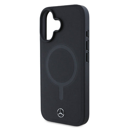 Apple iPhone 16 Kılıf Mercedes Benz Orjinal Lisanslı M-safe Şarj Özellikli Metal Yıldız Logolu Sade Pürüzsüz Deri Kapak Siyah