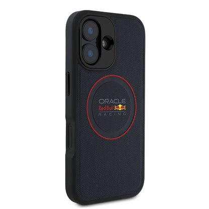 Apple iPhone 16 Kılıf Redbull Orjinal Lisanslı M-safe Şarj Özellikli Kırmızı Halka ve Logo Kabartmalı PU Deri Kapak Lacivert