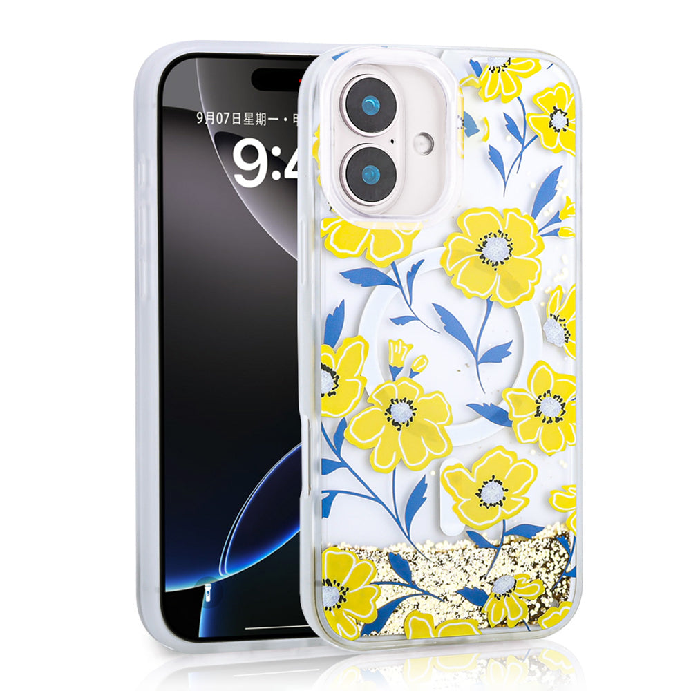Apple iPhone 16 Case Liquid Glitter Printed Transparent Back Surface Zore Mossa Silicone Cover Yellow 