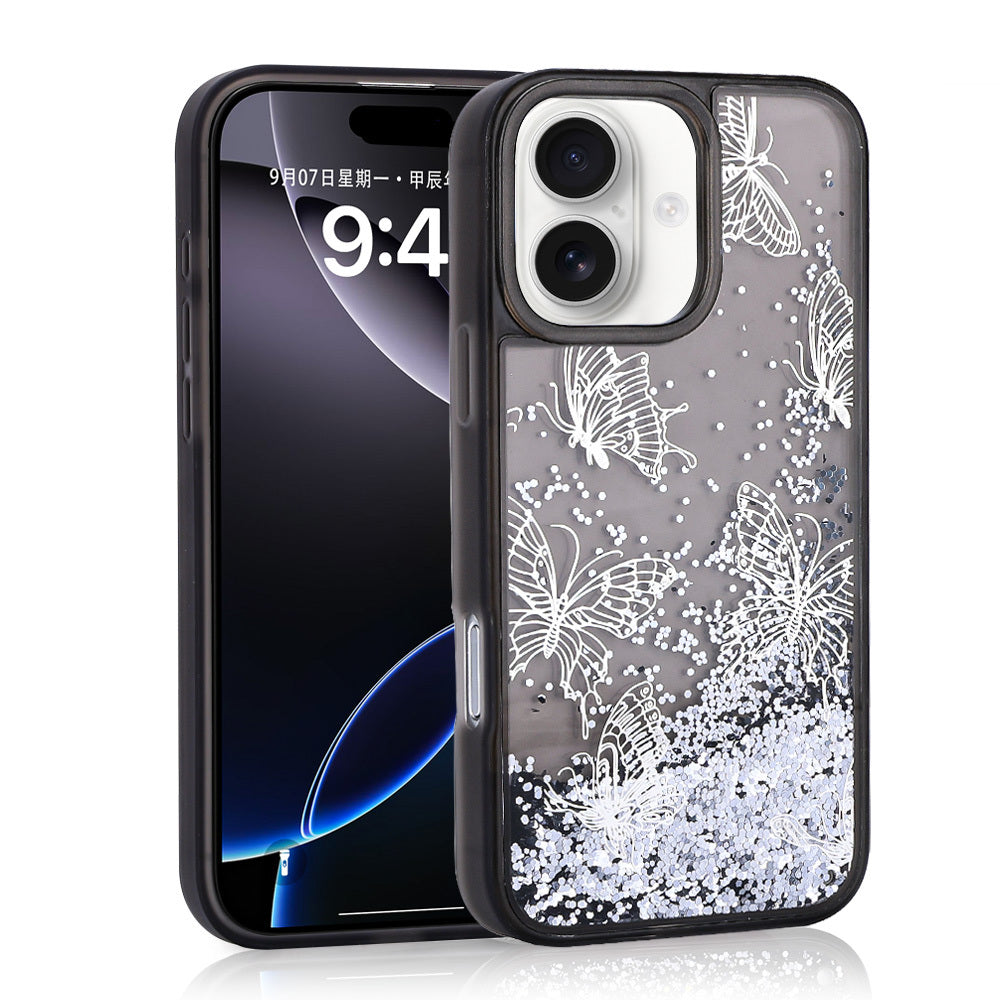 Apple iPhone 16 Case Liquid Glitter Butterfly Printed Transparent Back Surface Zore Glis Silicone Cover Black 