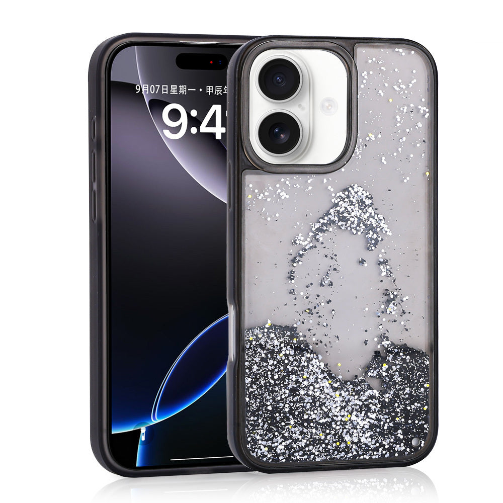 Apple iPhone 16 Case Liquid Glitter Transparent Back Surface Zore Keto Silicone Cover Silver