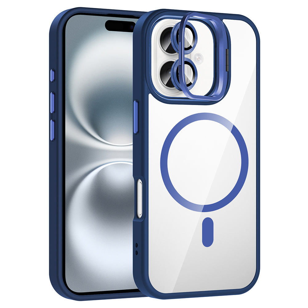 Apple iPhone 16 Case with Stand and Camera Lens Gift, M-Safe Charging Feature, Zore Etro Cover, Navy Blue 