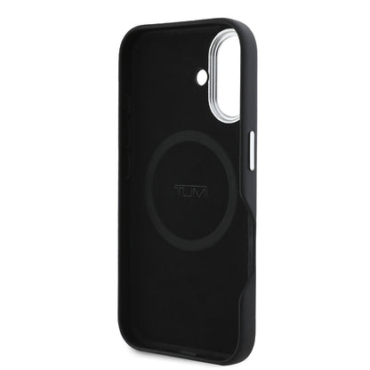 Apple iPhone 16 Kılıf TUMI Orjinal Lisanslı M-safe Şarj Özellikli Metal Yazı Logolu PU Deri Kapak Siyah