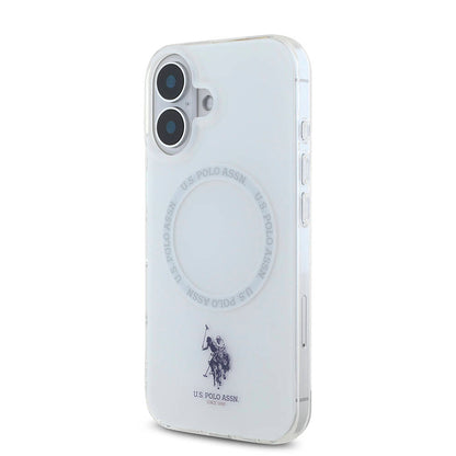 Apple iPhone 16 Kılıf U.S. Polo Assn. Orjinal Lisanslı M-safe Şarj Özellikli IML Double Horse Logolu Ring Kapak Beyaz