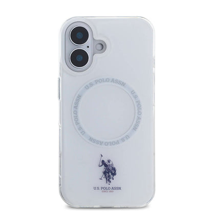 Apple iPhone 16 Kılıf U.S. Polo Assn. Orjinal Lisanslı M-safe Şarj Özellikli IML Double Horse Logolu Ring Kapak Beyaz