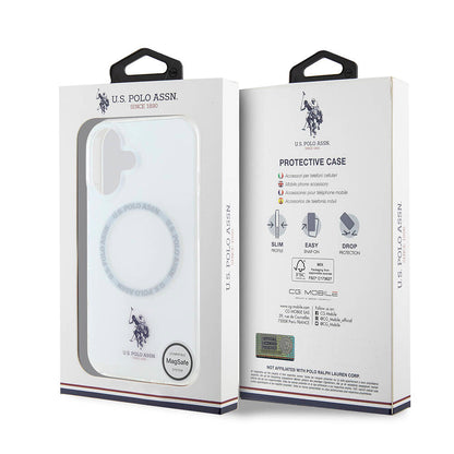 Apple iPhone 16 Kılıf U.S. Polo Assn. Orjinal Lisanslı M-safe Şarj Özellikli IML Double Horse Logolu Ring Kapak Beyaz