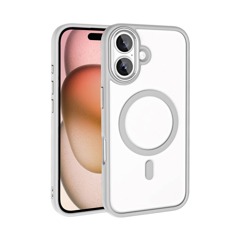 Apple iPhone 16 Case Wireless Charging Zore Chrome M-safe Silicone Cover Silver