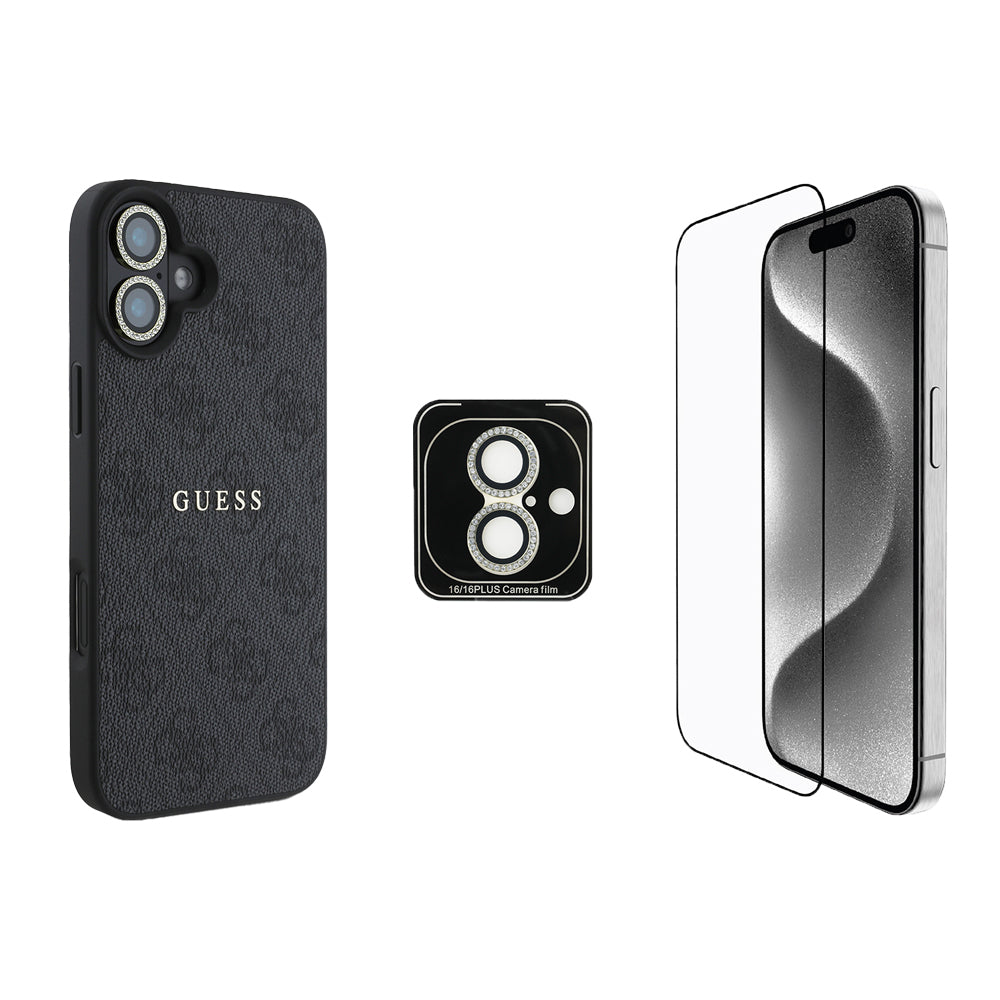 Apple iPhone 16 Plus Guess Original Licensed Case + Screen Protector + Lens Protector 3-in-1 Accessory Set Black 