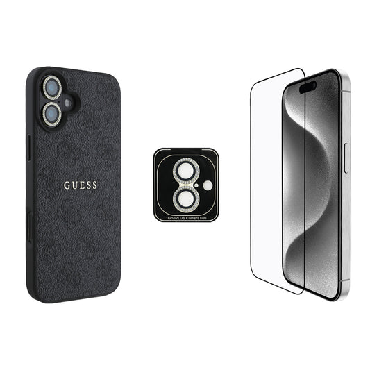 Apple iPhone 16 Plus Guess Original Licensed Case + Screen Protector + Lens Protector 3-in-1 Accessory Set Black 