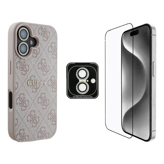Apple iPhone 16 Plus Guess Original Licensed Case + Screen Protector + Lens Protector 3-in-1 Accessory Set Pink 