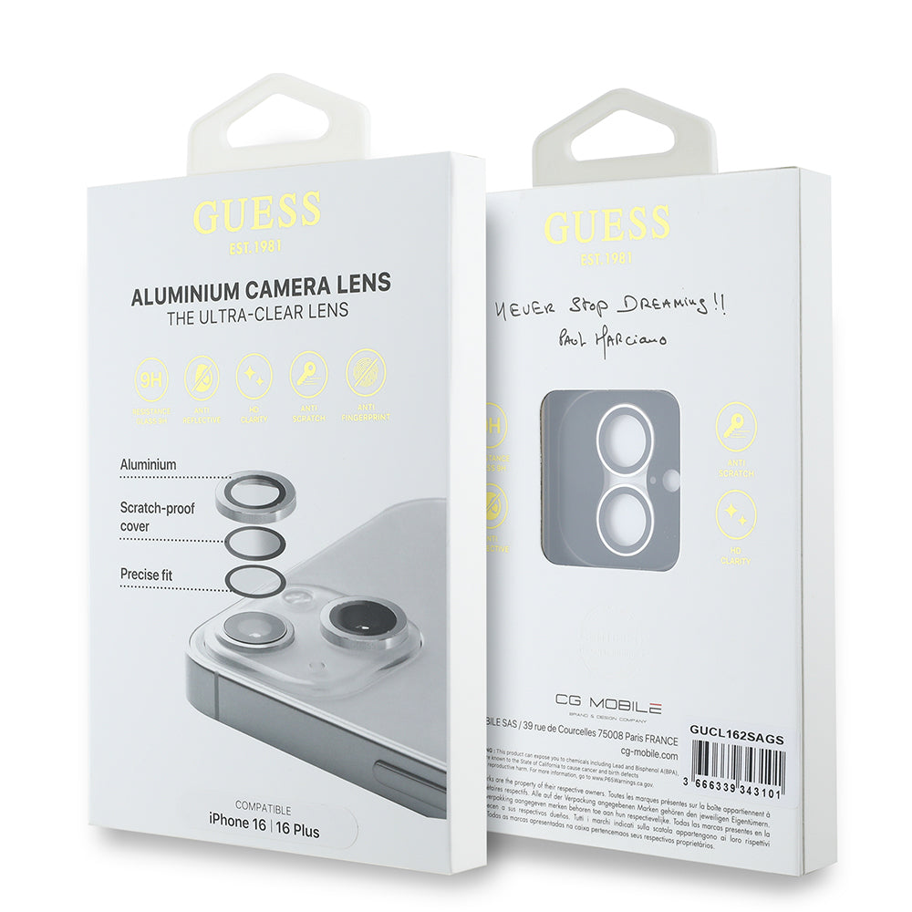 Apple iPhone 16 Plus Guess Original Licensed Metal Camera Lens Protector Silver 